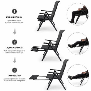 Sırt Ayarlı Katlanabilir Kamp Sandalyesi - 8 Kademeli - Bacak Uzatmalı - Recline