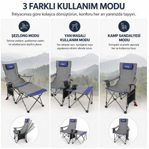 Sırt Ayarlı Katlanabilir Kamp Sandalyesi - 4 Kademeli - Lounge - Gri/Mavi