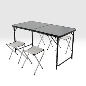 Katlanabilir Kamp Masası Seti - 4/6 Kişilik - 4 Tabureli - Elevate Plus - Siyah