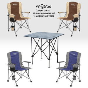 4 Adet Katlanır Kamp Sandalyesi ve Alüminyum Masa Seti - Rustic Dark - Kum/Mavi