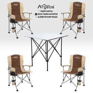 4 Adet Katlanır Kamp Sandalyesi ve Alüminyum Masa Seti - Rustic Silver - Kum