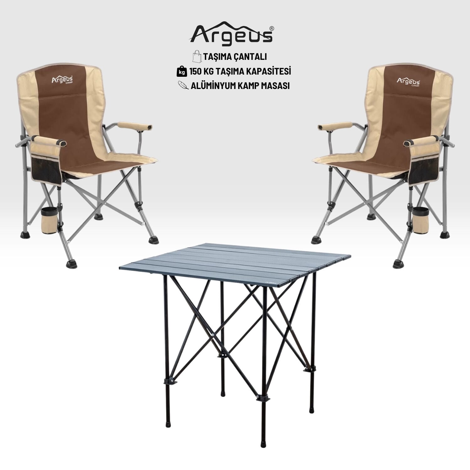 2 Adet Katlanır Kamp Sandalyesi ve Alüminyum Masa Seti - Rustic Dark - Kum