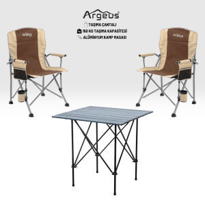 2 Adet Katlanır Kamp Sandalyesi ve Alüminyum Masa Seti - Rustic Dark - Kum