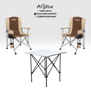 2 Adet Katlanır Kamp Sandalyesi ve Alüminyum Masa Seti - Rustic Silver - Kum