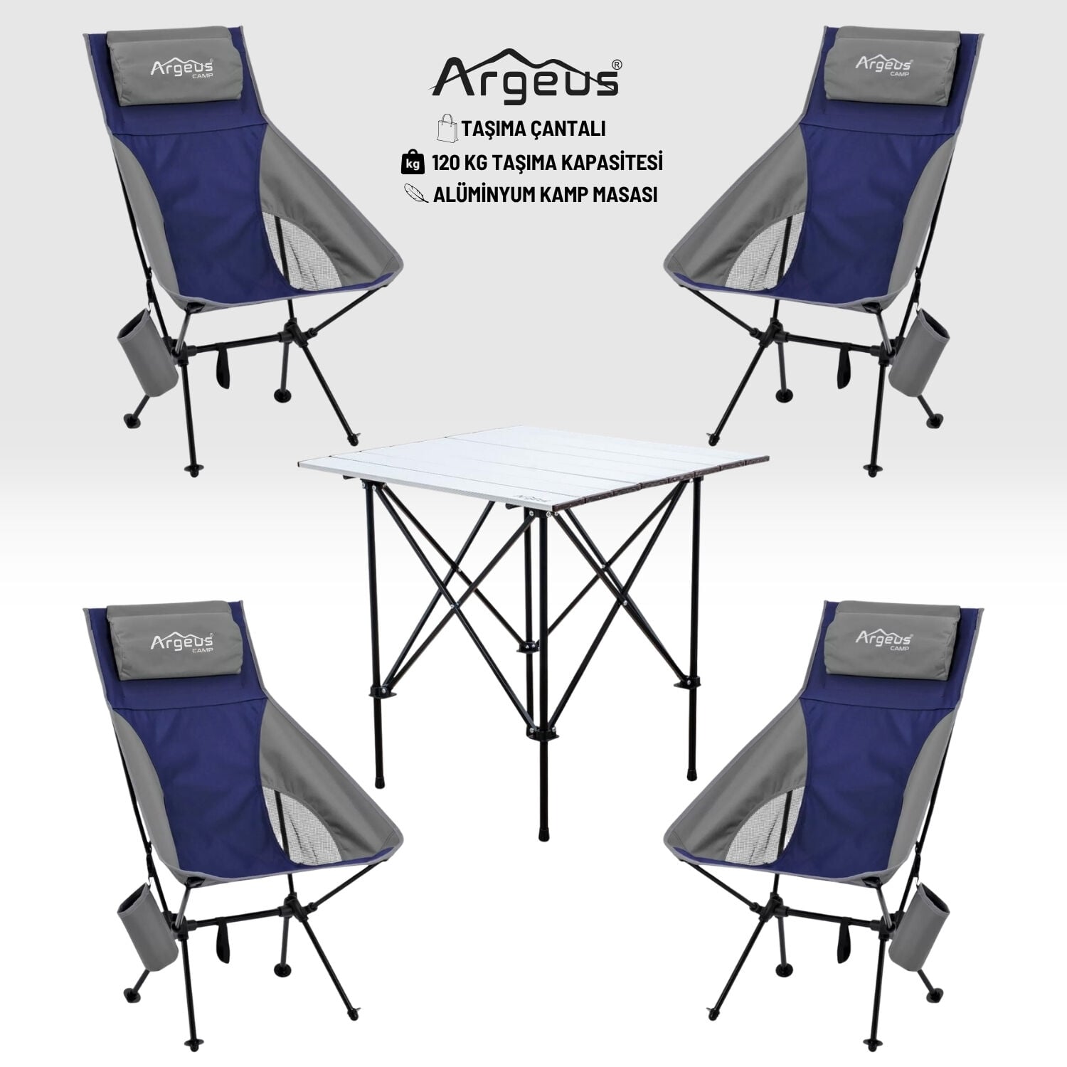 4 Adet Katlanır Kamp Sandalyesi ve Alüminyum Masa Seti - Aero Silver - Mavi
