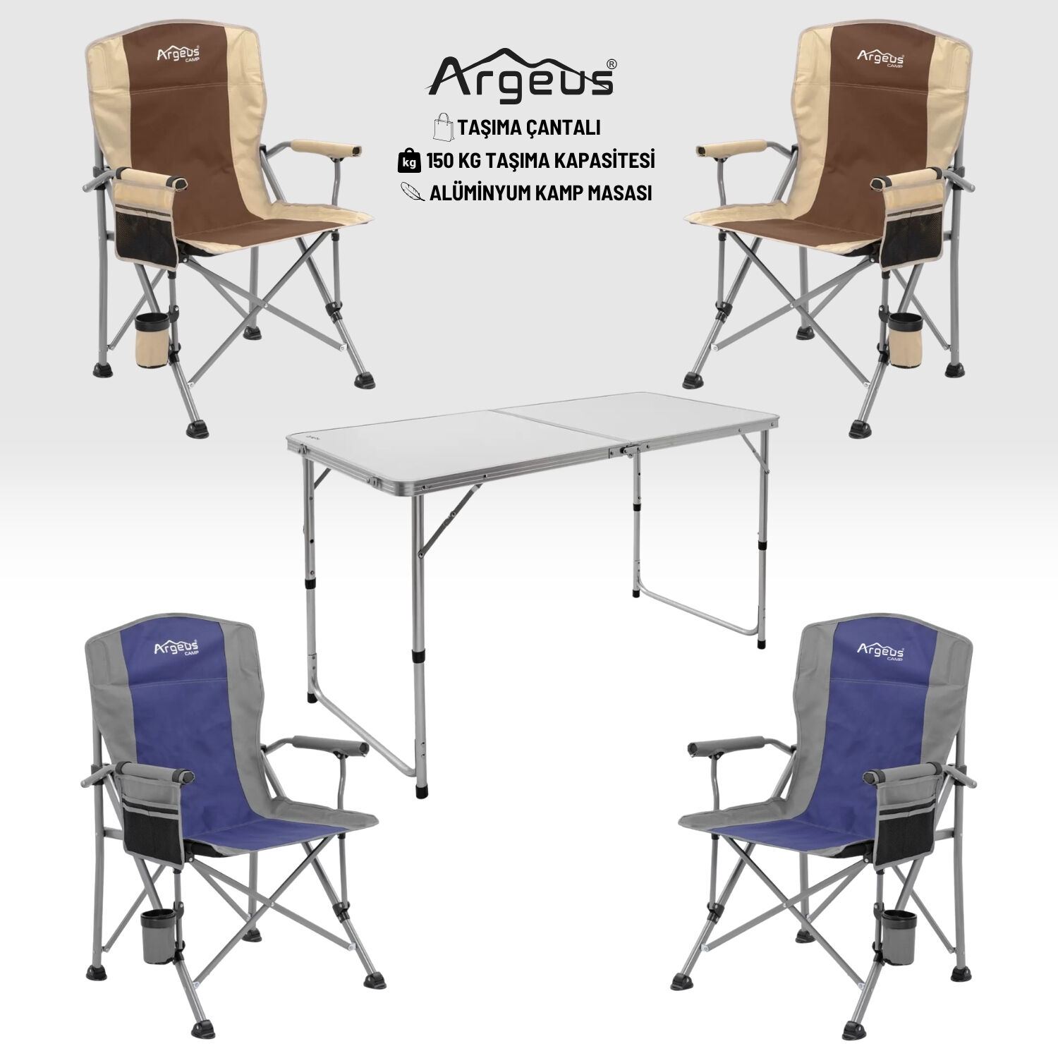 4 Adet Katlanır Kamp Sandalyesi ve Alüminyum Masa Seti - Rustic - Elevate Beyaz