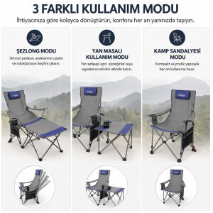 2 Adet Şezlong Kamp Sandalyesi ve Masa Seti - Plaj Seti - Lounge Elevate - Mavi