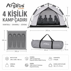 4 Kişilik Otomatik Kurulum Kamp Çadırı Seti - Çadır, Sandalye, Uyku Tulumu, Mat