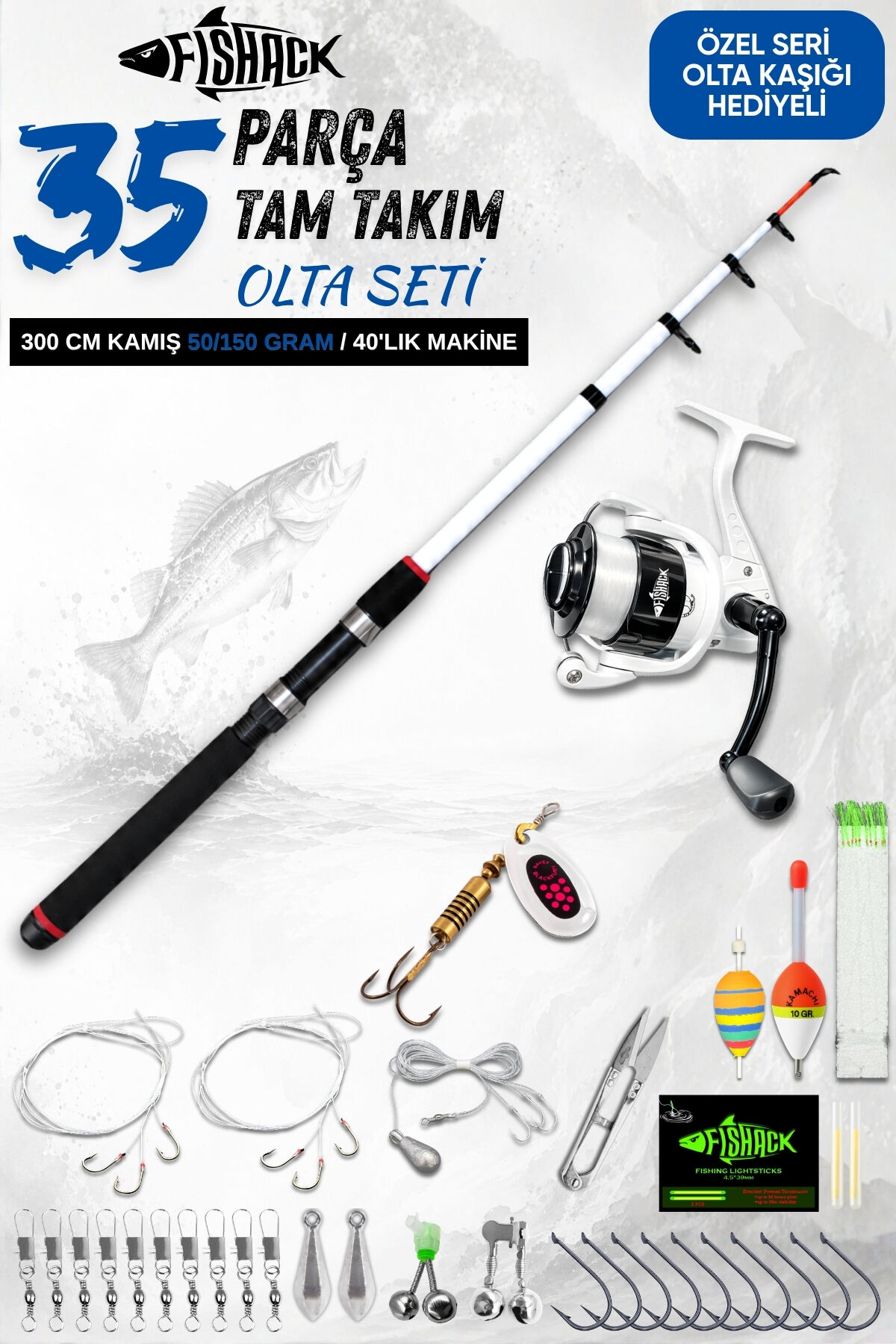 35 Parça Tam Takım Olta Seti - 300cm Kamış 50-150GR / 50'lik Makine (Beyaz)