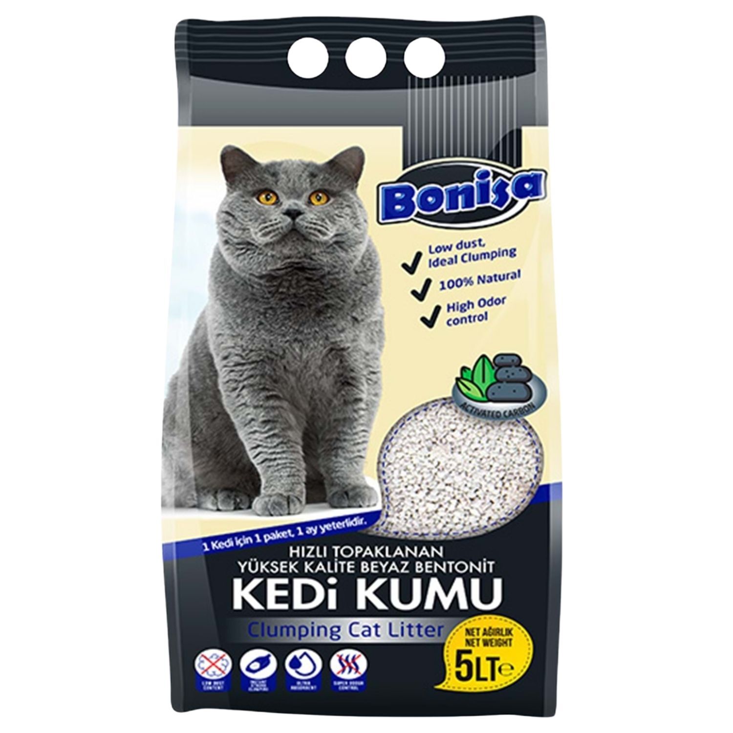 Bentonit Kedi Kumu - Bonisa - Active Carbon -  5 Lt